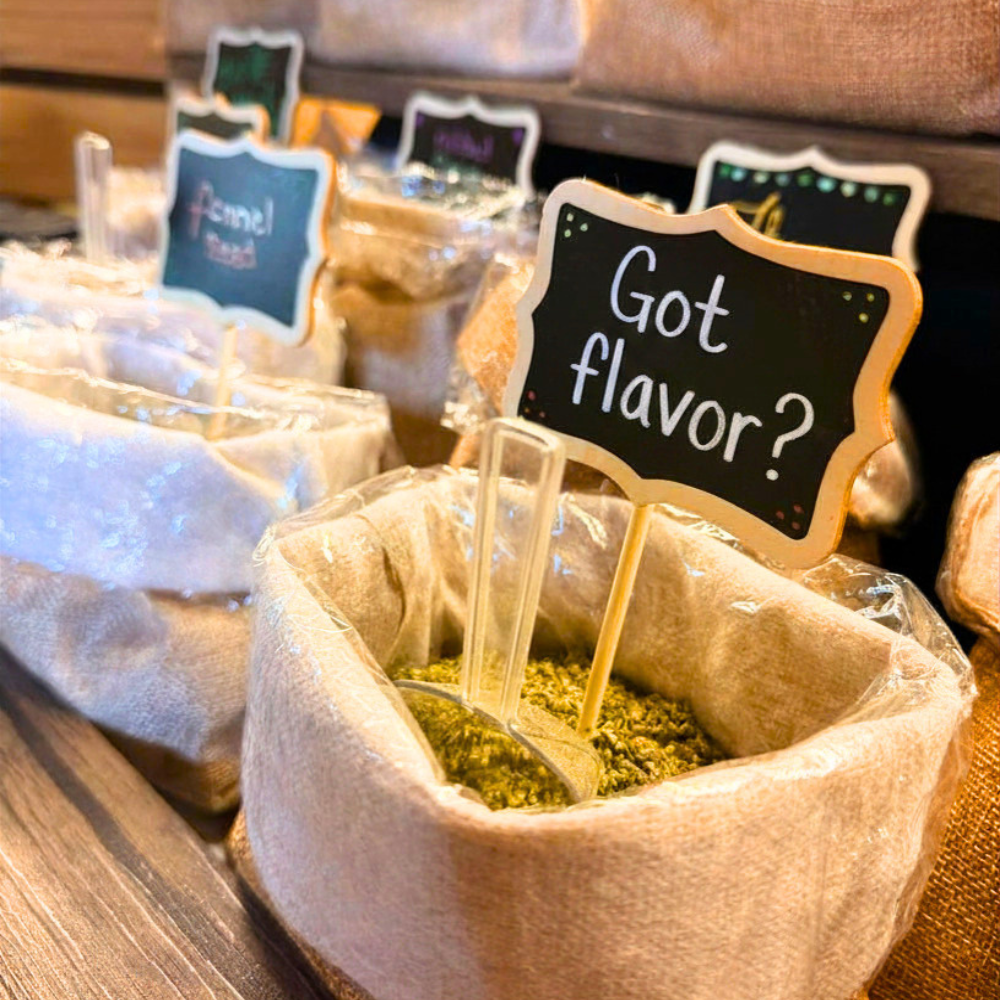 Spice bags with a chalkboard sign reading Got flavor?