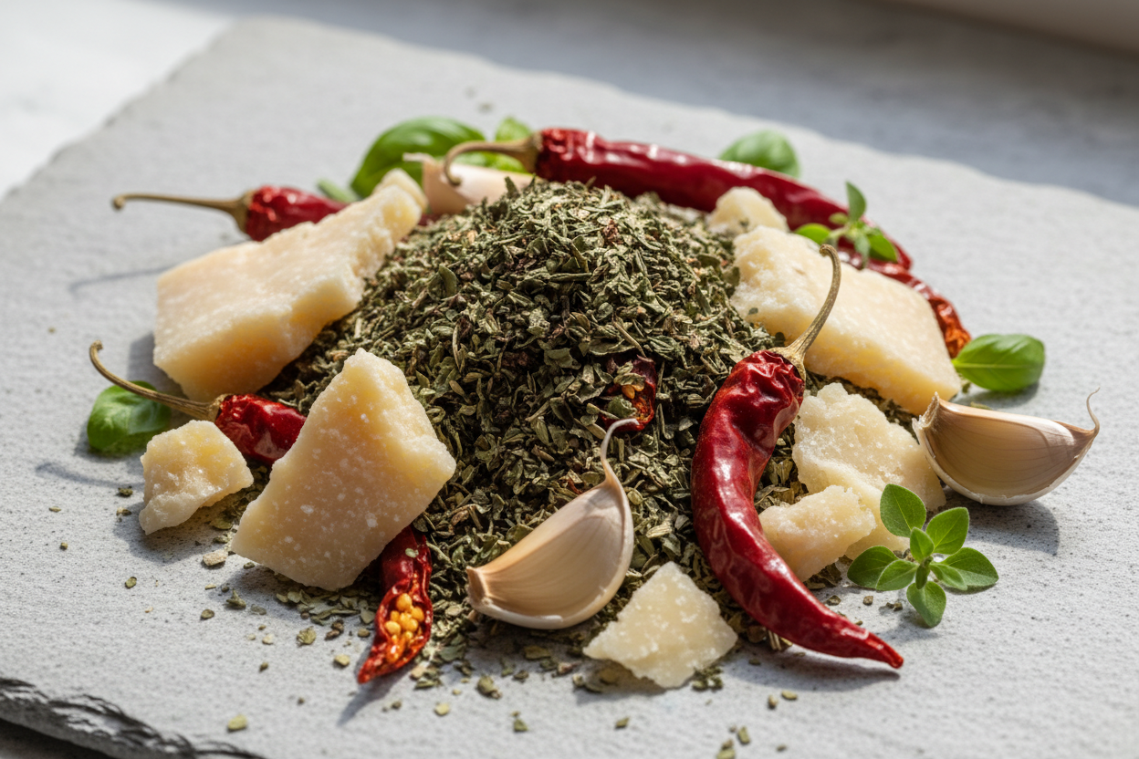 Create an image that includes a pile of dried green herbs, red chili peppers, parmasean cheese and garlic.